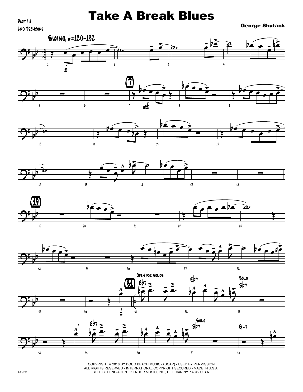 Learn to play George Shutack Take A Break Blues - 2nd Trombone sheet music for Jazz Ensemble in minutes. George Shutack Take A Break Blues - 2nd Trombone sheet music preview music notes and score for Jazz Ensemble including 2 page(s)