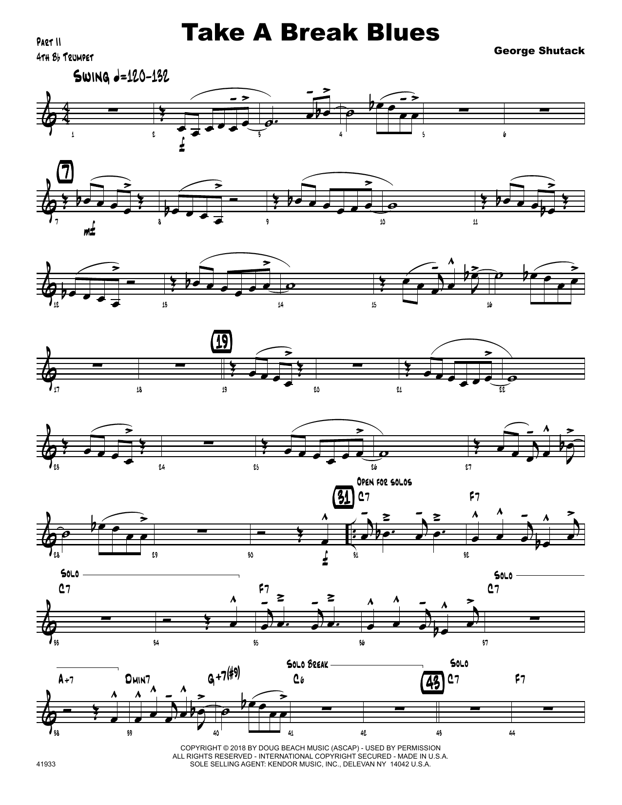 Learn to play George Shutack Take A Break Blues - 4th Bb Trumpet sheet music for Jazz Ensemble in minutes. George Shutack Take A Break Blues - 4th Bb Trumpet sheet music preview music notes and score for Jazz Ensemble including 2 page(s)