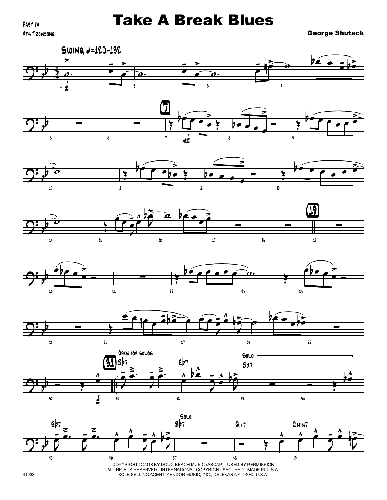 Learn to play George Shutack Take A Break Blues - 4th Trombone sheet music for Jazz Ensemble in minutes. George Shutack Take A Break Blues - 4th Trombone sheet music preview music notes and score for Jazz Ensemble including 2 page(s)