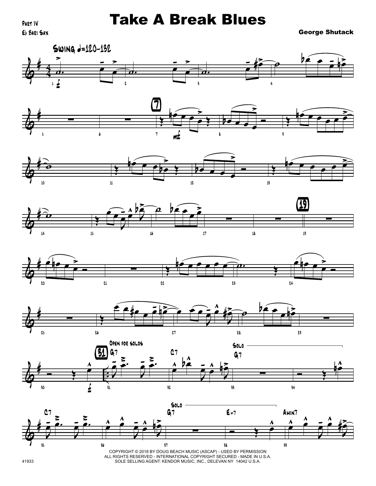Learn to play George Shutack Take A Break Blues - Eb Baritone Saxophone sheet music for Jazz Ensemble in minutes. George Shutack Take A Break Blues - Eb Baritone Saxophone sheet music preview music notes and score for Jazz Ensemble including 2 page(s)