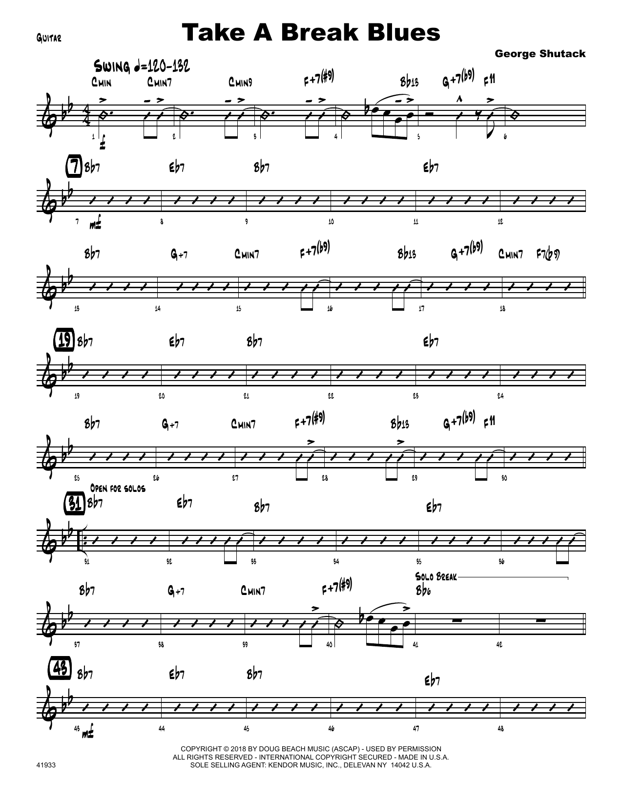 Learn to play George Shutack Take A Break Blues - Guitar sheet music for Jazz Ensemble in minutes. George Shutack Take A Break Blues - Guitar sheet music preview music notes and score for Jazz Ensemble including 2 page(s)