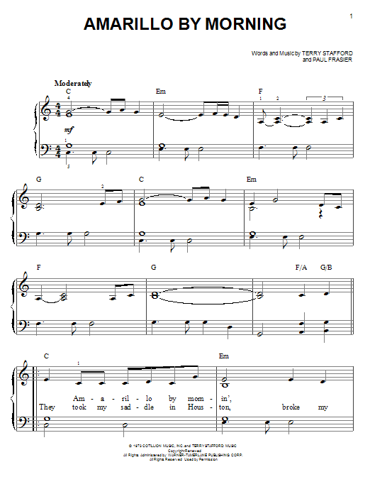 Learn to play George Strait Amarillo By Morning sheet music for Easy Piano in minutes. George Strait Amarillo By Morning sheet music preview music notes and score for Easy Piano including 5 page(s)