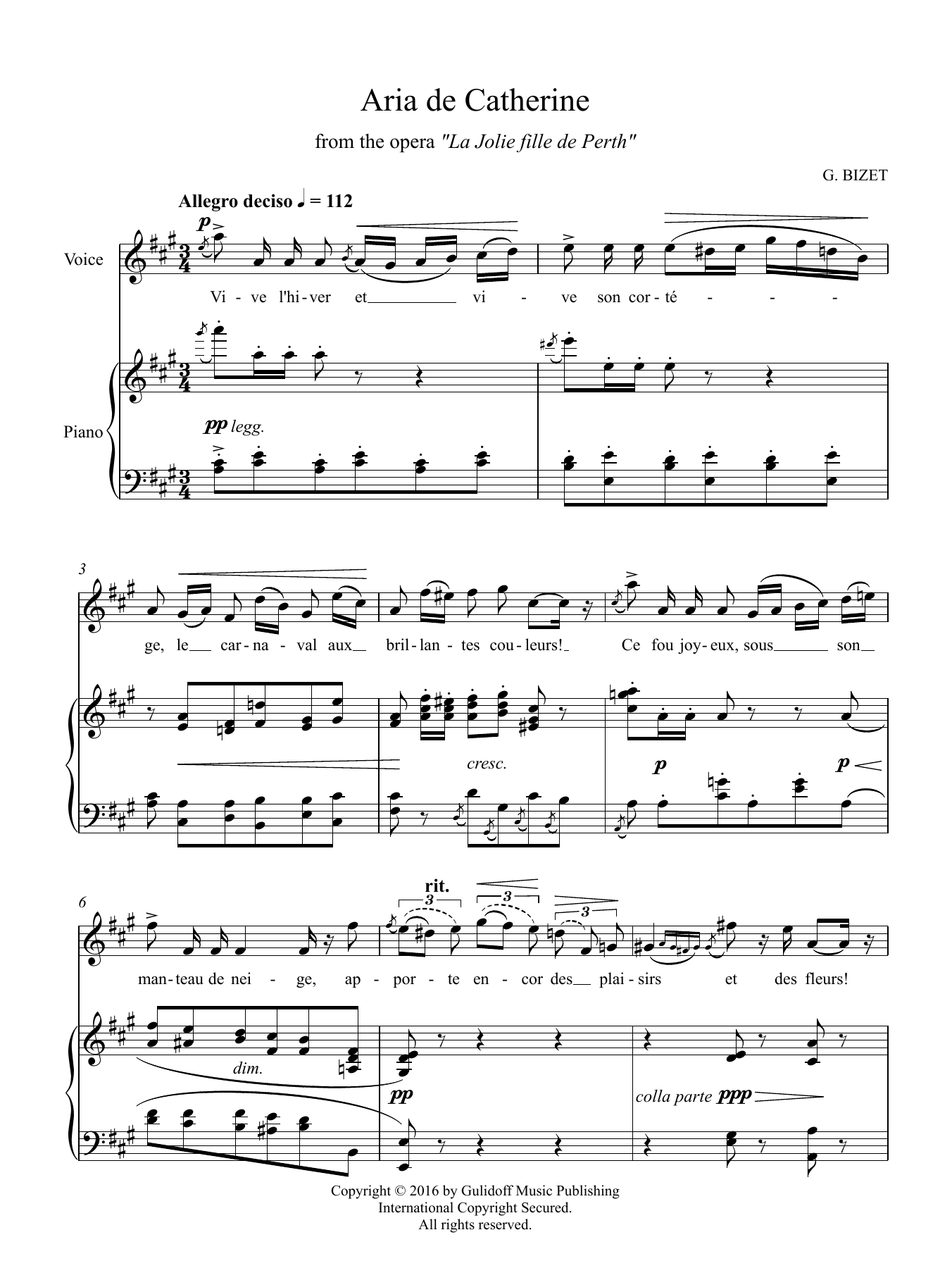Georges Bizet 7 Songs: Aria de Catherine from the opera La Jolie fille de Perth sheet music, chords, lyrics - Printable PDF for Piano & Vocal