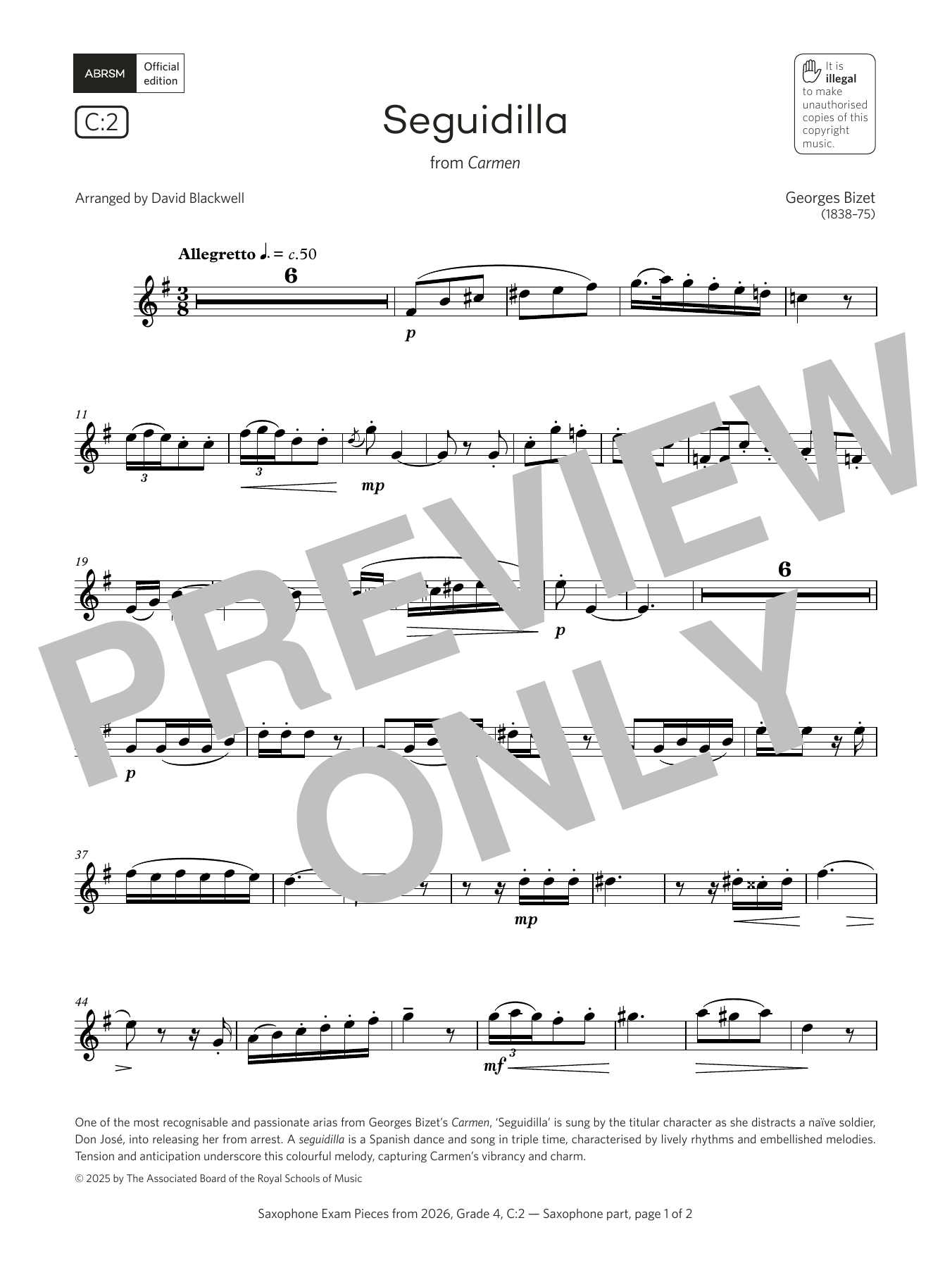Georges Bizet Seguidilla (Grade 4, list C2, from the ABRSM Saxophone Syllabus from 2026) sheet music, chords, lyrics - Printable PDF for Alto Sax Solo