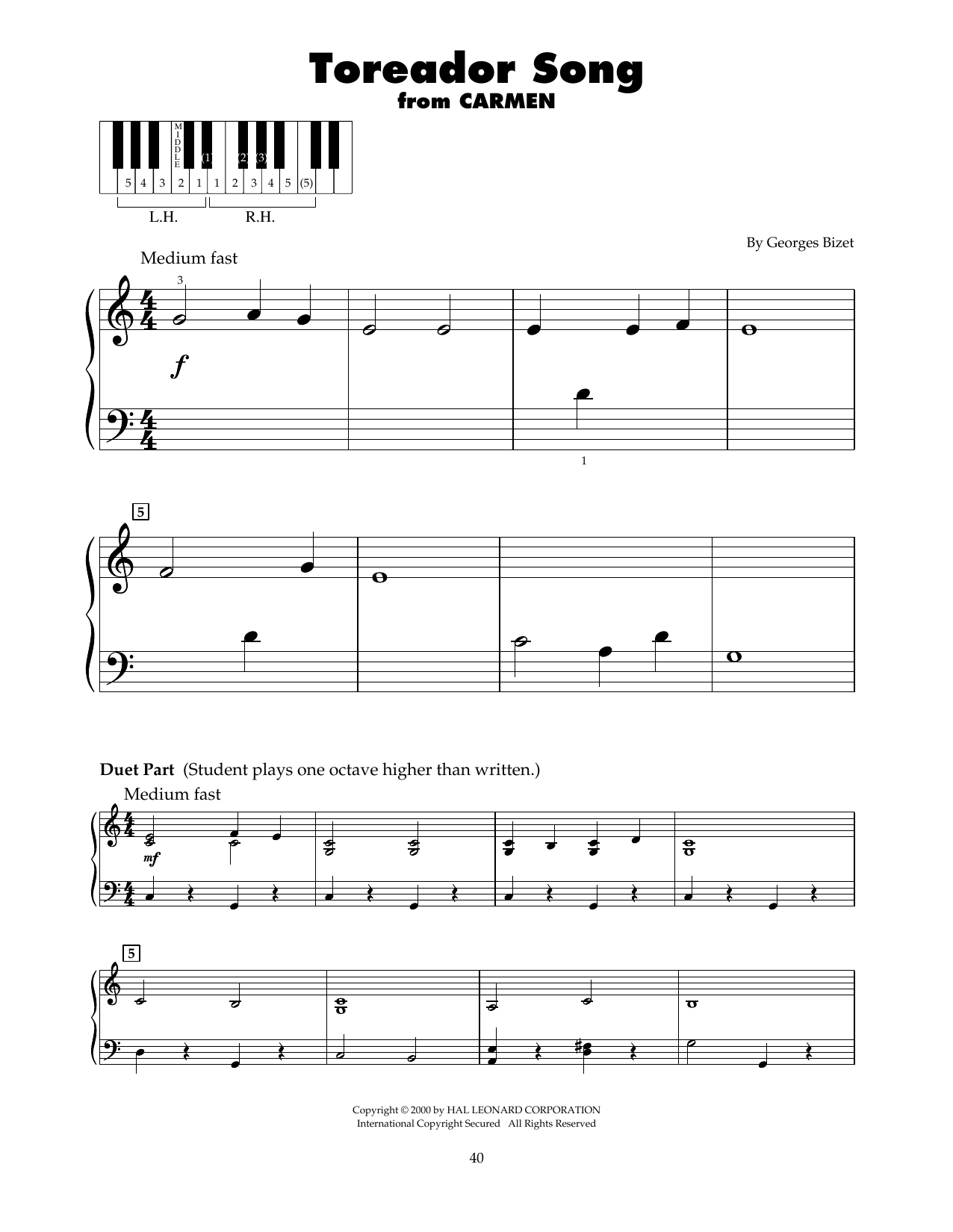 Georges Bizet Toreador Song (arr. Carol Klose) sheet music, chords, lyrics - Printable PDF for 5-Finger Piano