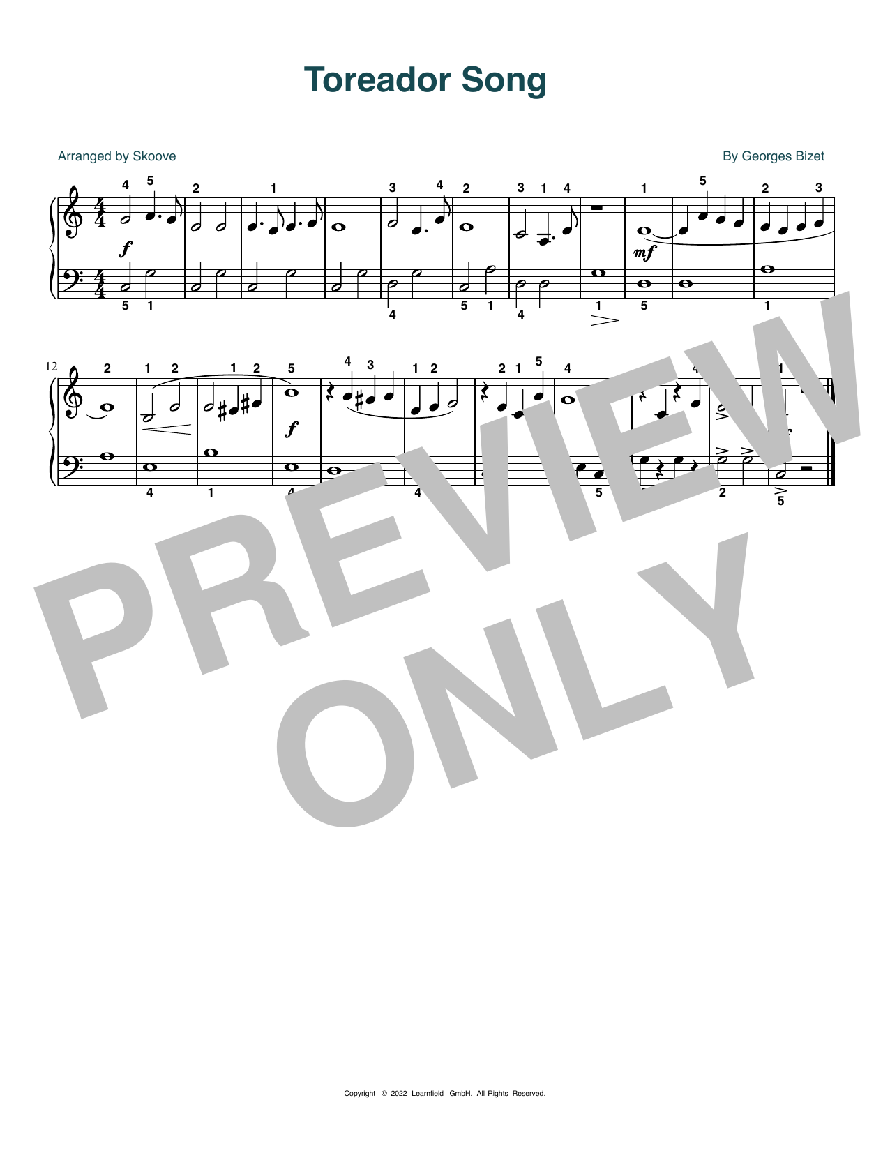 Georges Bizet Toreador Song (arr. Skoove) sheet music, chords, lyrics - Printable PDF for Beginner Piano (Abridged)