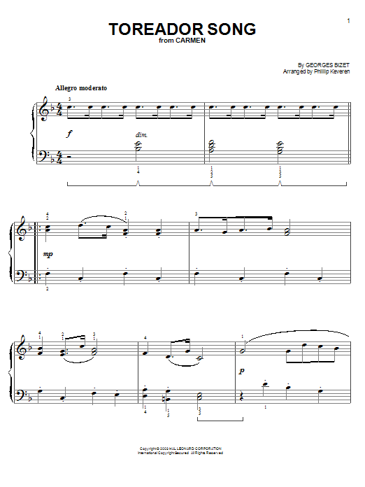 Georges Bizet Toreador Song sheet music, chords, lyrics - Printable PDF for Easy Piano