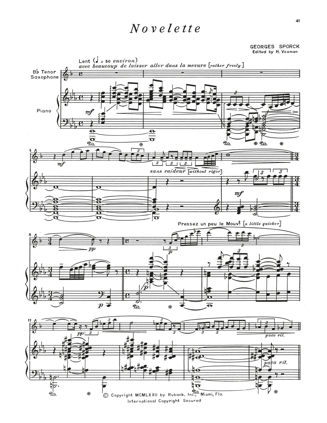Georges Sporck Novelette sheet music, chords, lyrics - Printable PDF for Tenor Sax and Piano