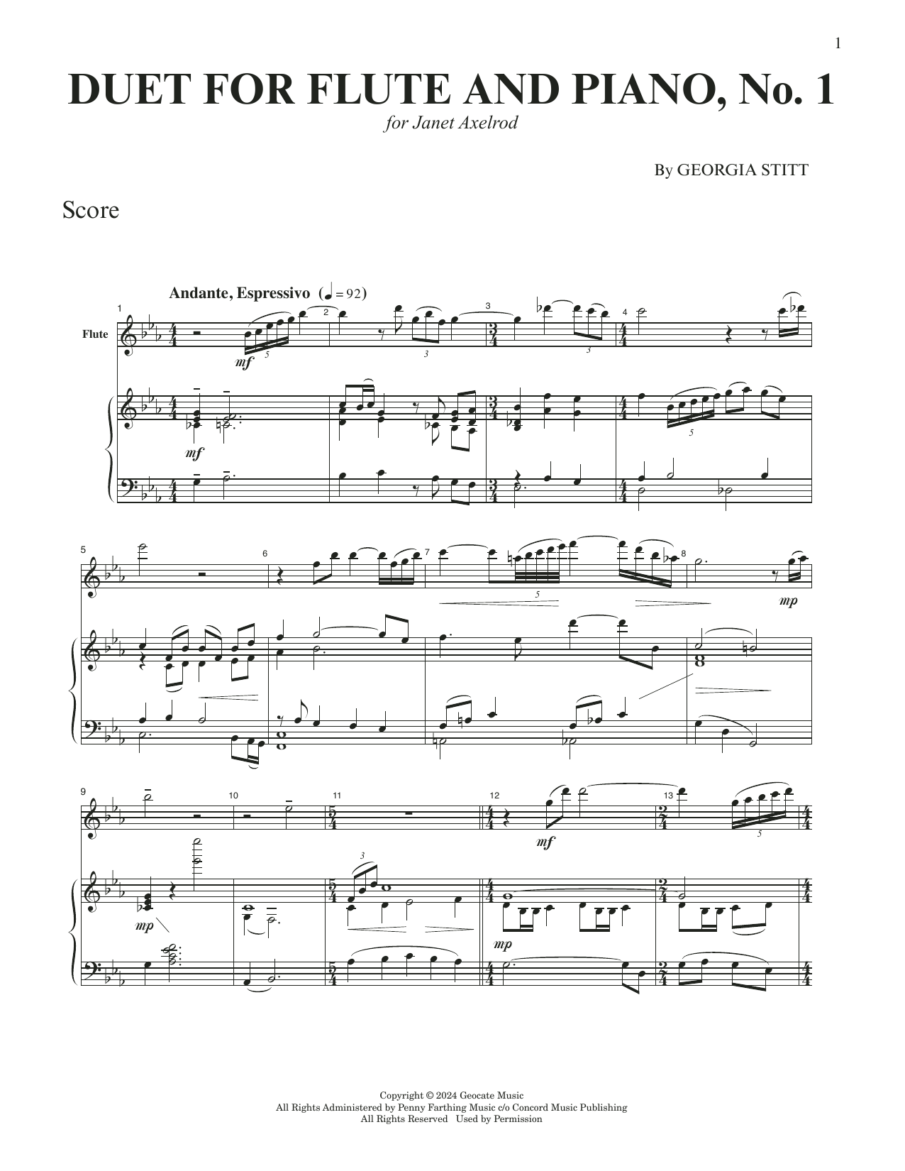Georgia Stitt Duet For Flute And Piano, No. 1 sheet music, chords, lyrics - Printable PDF for Flute and Piano