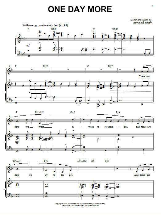 Georgia Stitt One Day More sheet music, chords, lyrics - Printable PDF for Piano, Vocal & Guitar (Right-Hand Melody)
