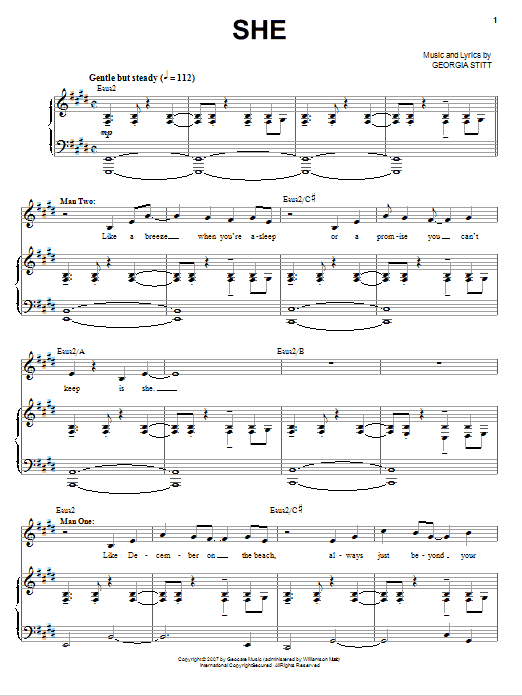 Georgia Stitt She sheet music preview music notes and score for Piano, Vocal & Guitar (Right-Hand Melody) including 14 page(s)