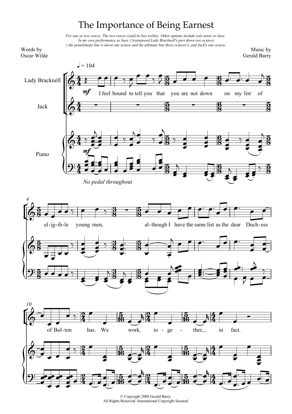 Gerald Barry The Importance of Being Earnest (for two voices) sheet music, chords, lyrics - Printable PDF for Piano & Vocal