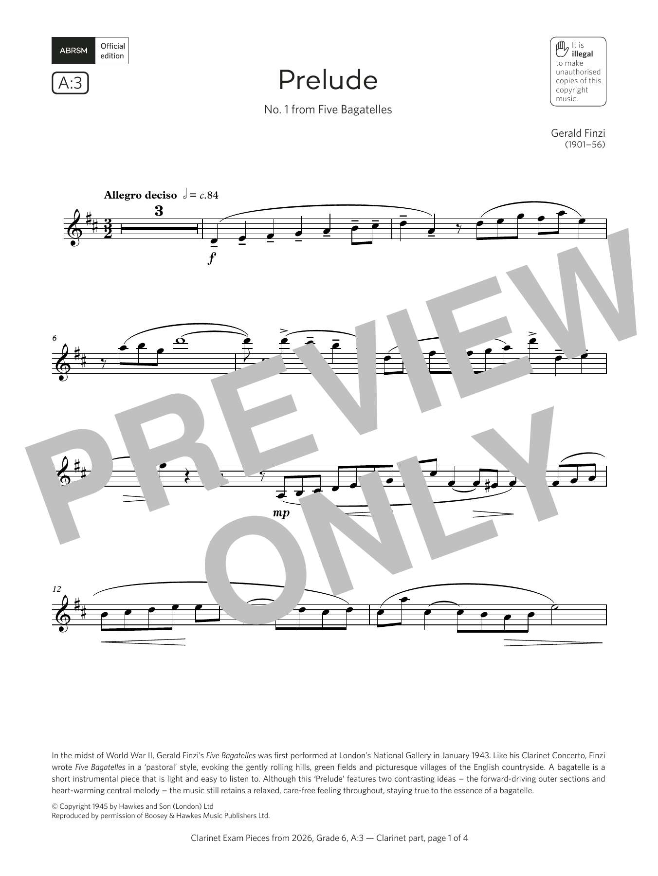 Gerald Finzi Prelude (Grade 6, list A3, from the ABRSM Clarinet Syllabus from 2026) sheet music, chords, lyrics - Printable PDF for Clarinet Solo