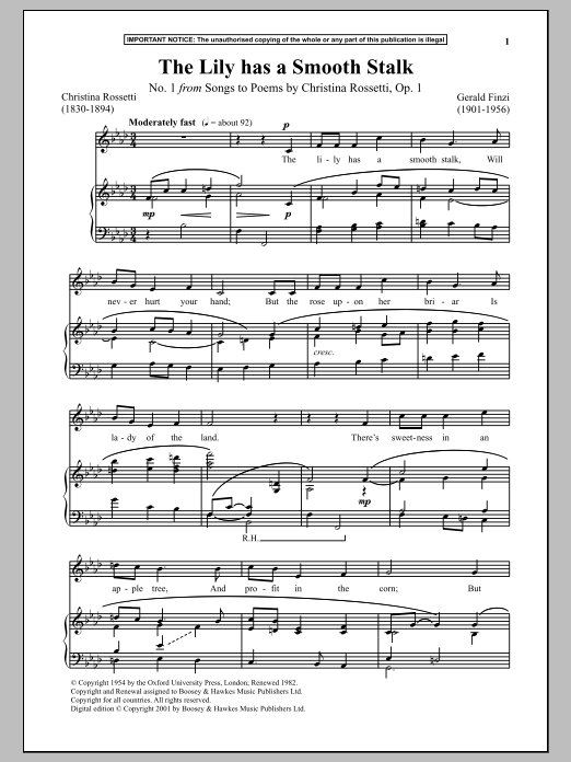 Gerald Finzi The Lily Has A Smooth Stalk, Op. 1, No. 1 (from Songs To Poems) sheet music, chords, lyrics - Printable PDF for Piano