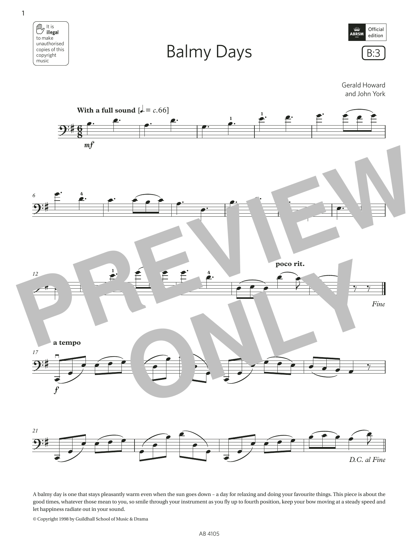 Gerald Howard & John York Balmy Days (Grade 2, B3, from the ABRSM Cello Syllabus from 2024) sheet music, chords, lyrics - Printable PDF for Cello Solo