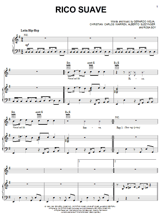 Learn to play Gerardo Rico Suave sheet music for Piano, Vocal & Guitar (Right-Hand Melody) in minutes. Gerardo Rico Suave sheet music preview music notes and score for Piano, Vocal & Guitar (Right-Hand Melody) including 5 page(s)