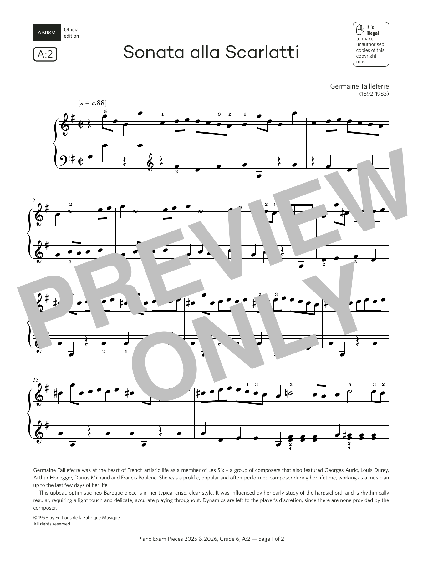 Germaine Tailleferre Sonata alla Scarlatti (Grade 6, list A2, from the ABRSM Piano Syllabus 2025 & 2026) sheet music, chords, lyrics - Printable PDF for Piano Solo