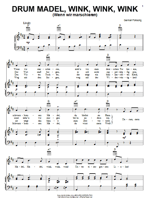 German Folk Song Drum Madel Wink, Wink, Wink sheet music, chords, lyrics - Printable PDF for Piano, Vocal & Guitar (Right-Hand Melody)