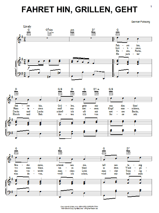 German Folk Song Fahret Hin, Grillen, Geht sheet music, chords, lyrics - Printable PDF for Piano, Vocal & Guitar (Right-Hand Melody)