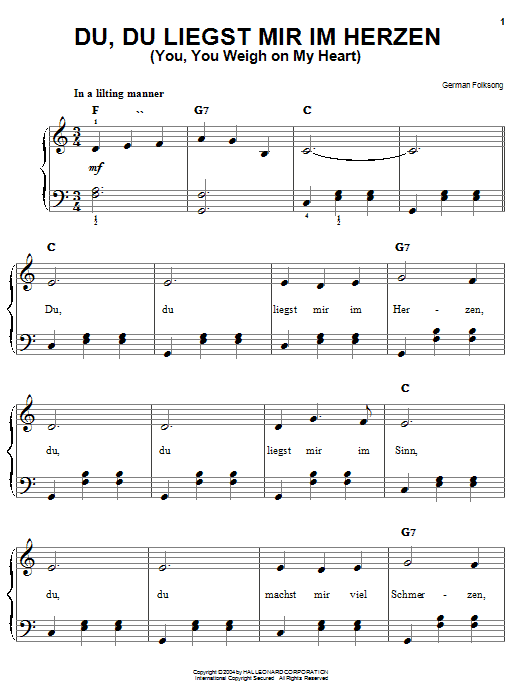 Learn to play German Folksong Du, Du Liegst Mir Im Herzen (You, You Weigh On My Heart) sheet music for E-Z Play Today in minutes. German Folksong Du, Du Liegst Mir Im Herzen (You, You Weigh On My Heart) sheet music preview music notes and score for E-Z Play Today including 2 page(s)