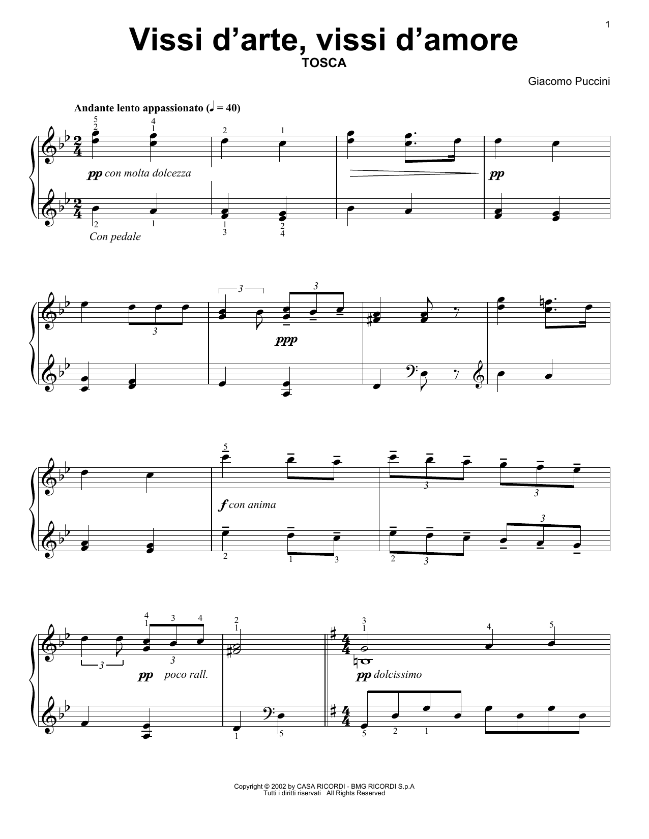 Giacomo Puccini Vissi D'Arte, Vissi D'Amore sheet music, chords, lyrics - Printable PDF for Piano Solo