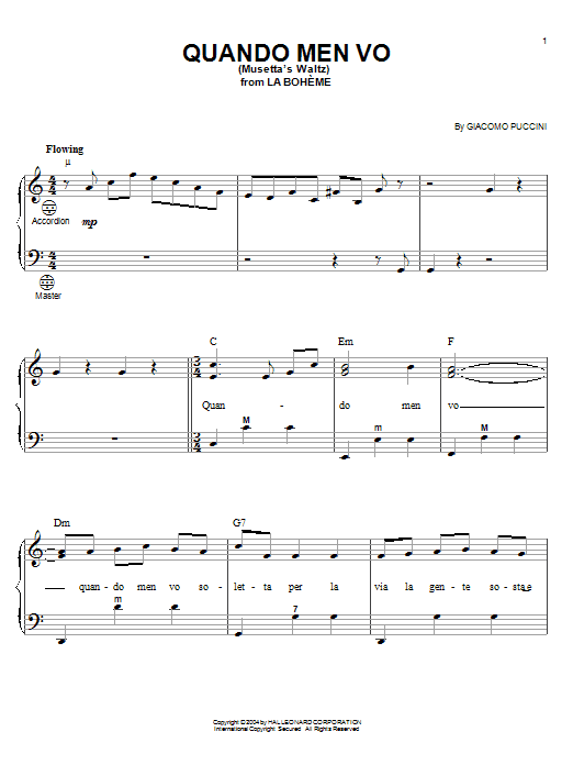 Learn to play Giacomo Puccini Quando Men Vo (Mussetta's Waltz) sheet music for Accordion in minutes. Giacomo Puccini Quando Men Vo (Mussetta's Waltz) sheet music preview music notes and score for Accordion including 4 page(s)
