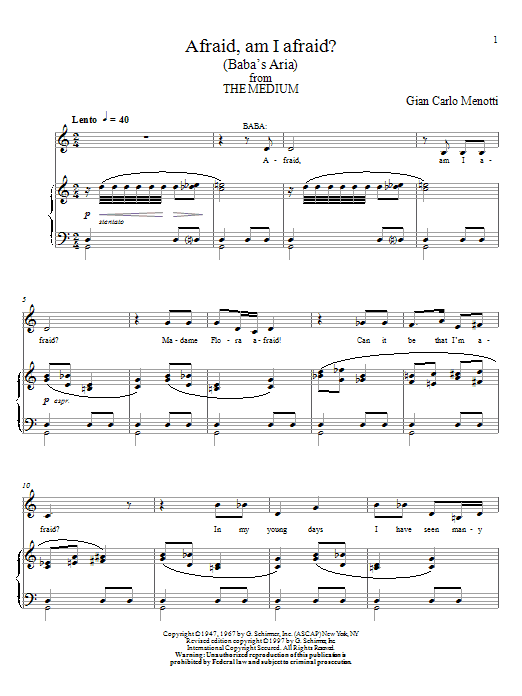 Gian Carlo Menotti Afraid, Am I Afraid? (Baba's Aria) sheet music, chords, lyrics - Printable PDF for Piano, Vocal & Guitar (Right-Hand Melody)