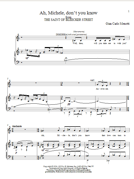 Gian Carlo Menotti Ah, Michele, Don't You Know sheet music, chords, lyrics - Printable PDF for Piano, Vocal & Guitar (Right-Hand Melody)