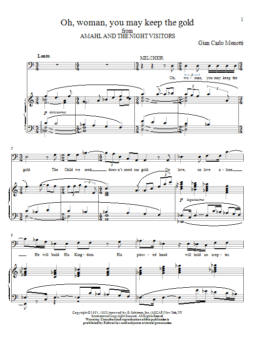 Gian Carlo Menotti Oh, Woman, You May Keep The Gold sheet music, chords, lyrics - Printable PDF for Piano, Vocal & Guitar (Right-Hand Melody)