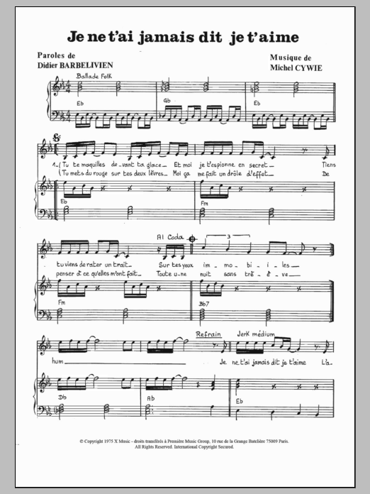 Learn to play Gianni Nazzaro Je Ne T'ai Jamais Dit Je T'aime sheet music for Piano & Vocal in minutes. Gianni Nazzaro Je Ne T'ai Jamais Dit Je T'aime sheet music preview music notes and score for Piano & Vocal including 2 page(s)