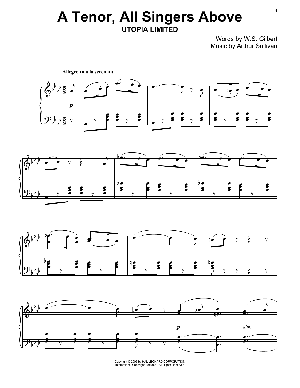 Gilbert & Sullivan A Tenor, All Singers Above sheet music, chords, lyrics - Printable PDF for Piano
