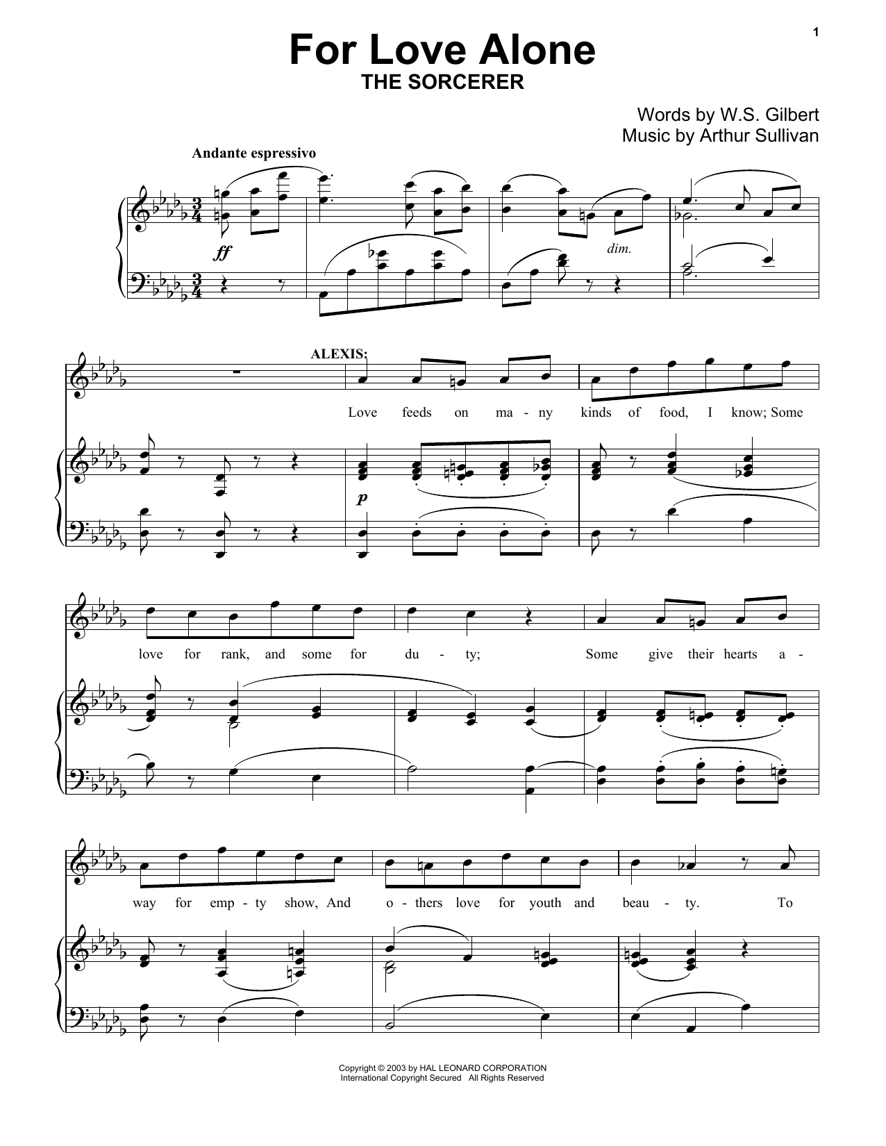 Gilbert & Sullivan For Love Alone sheet music, chords, lyrics - Printable PDF for Piano