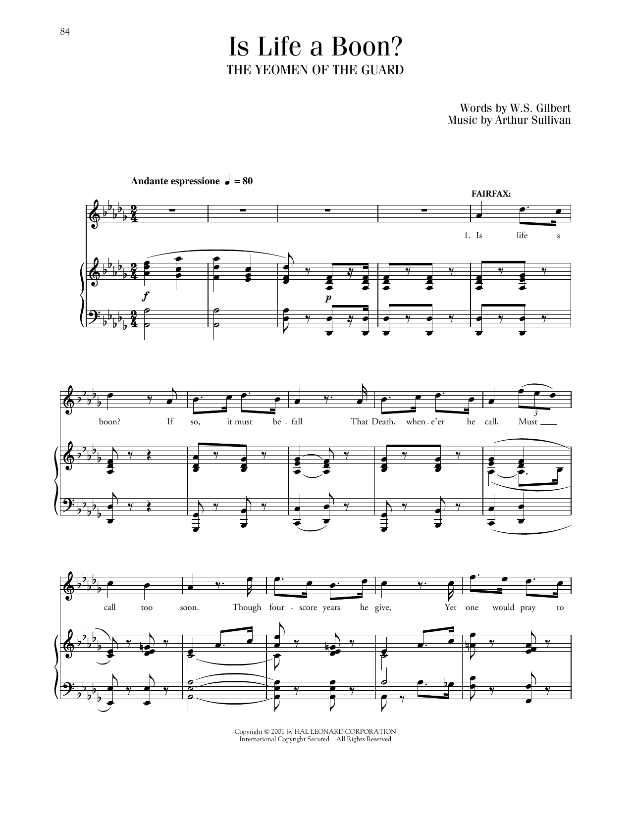 Gilbert & Sullivan Is Life A Boon? (from The Yeomen Of The Guard) sheet music, chords, lyrics - Printable PDF for Piano & Vocal