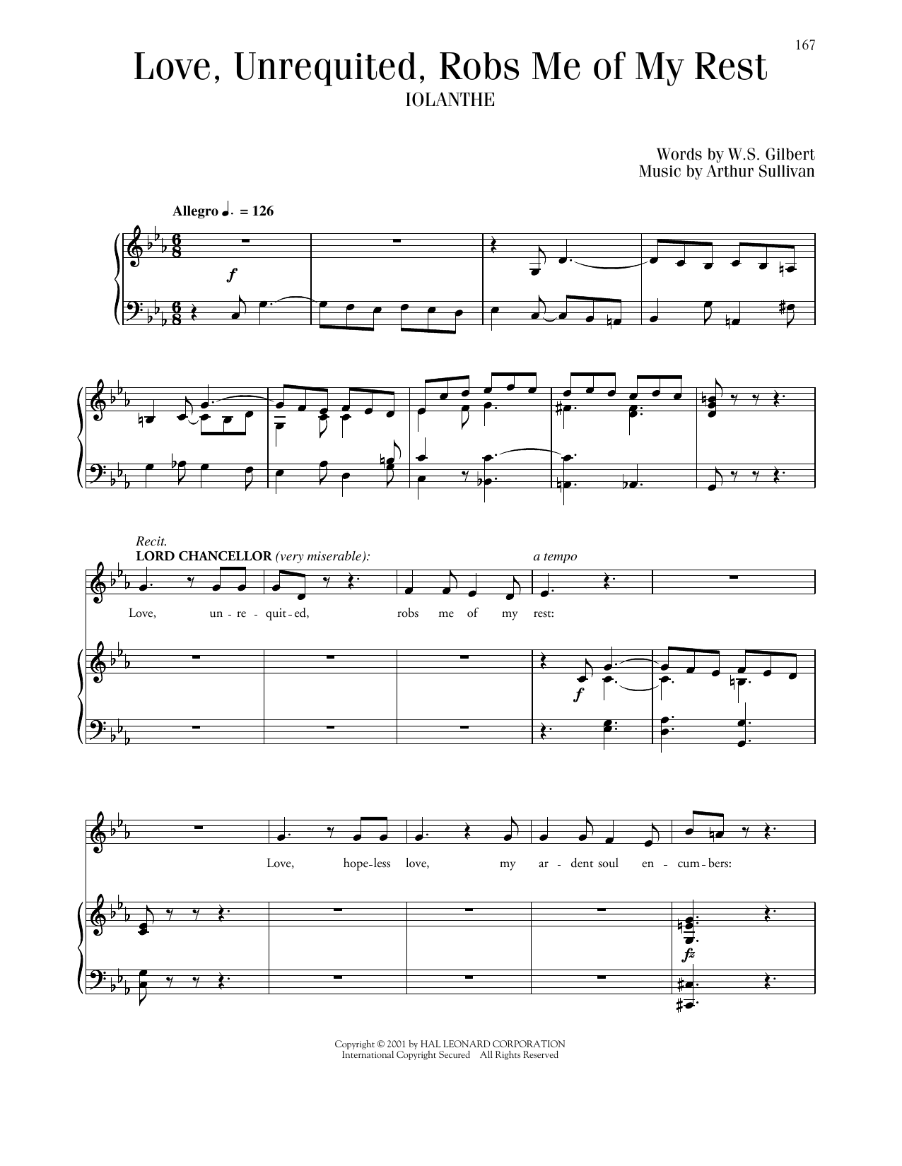 Gilbert & Sullivan Love, Unrequited, Robs Me Of My Rest sheet music, chords, lyrics - Printable PDF for Piano & Vocal