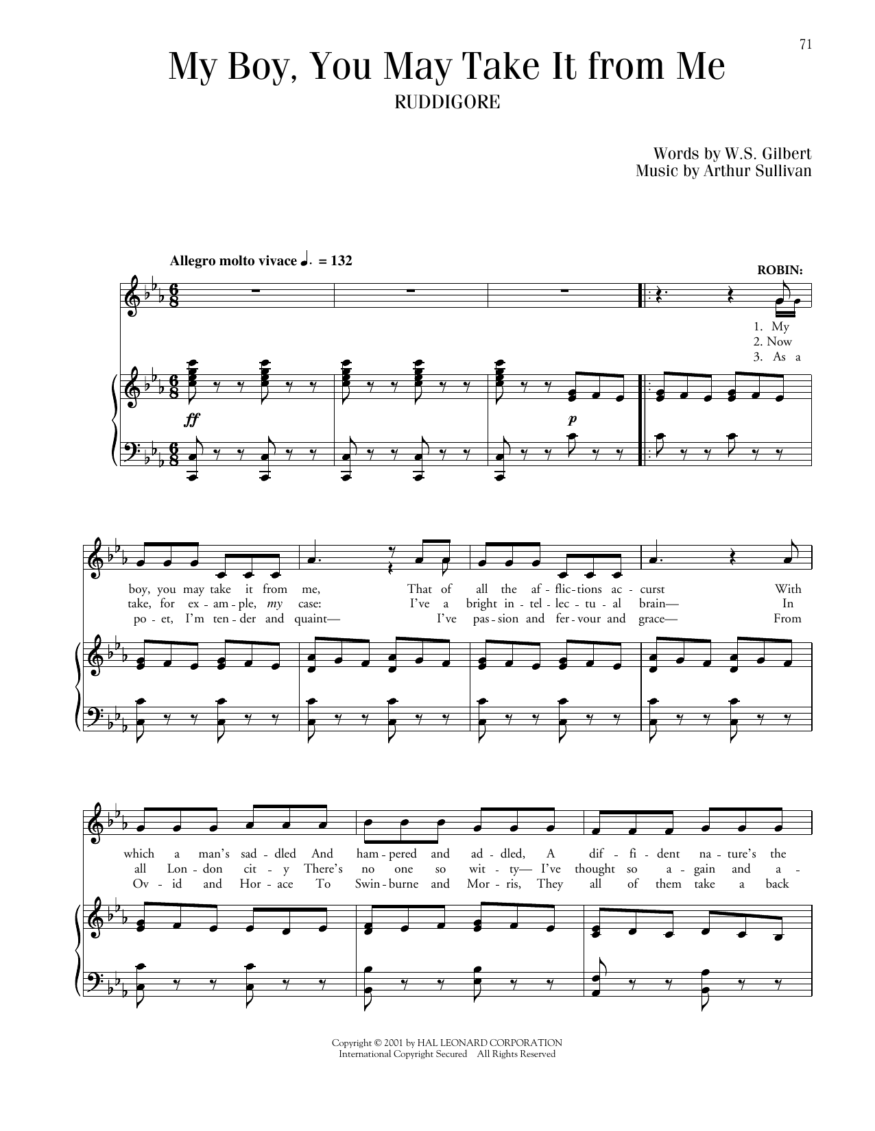 Gilbert & Sullivan My Boy, You May Take It From Me (from Ruddigore) sheet music, chords, lyrics - Printable PDF for Piano & Vocal