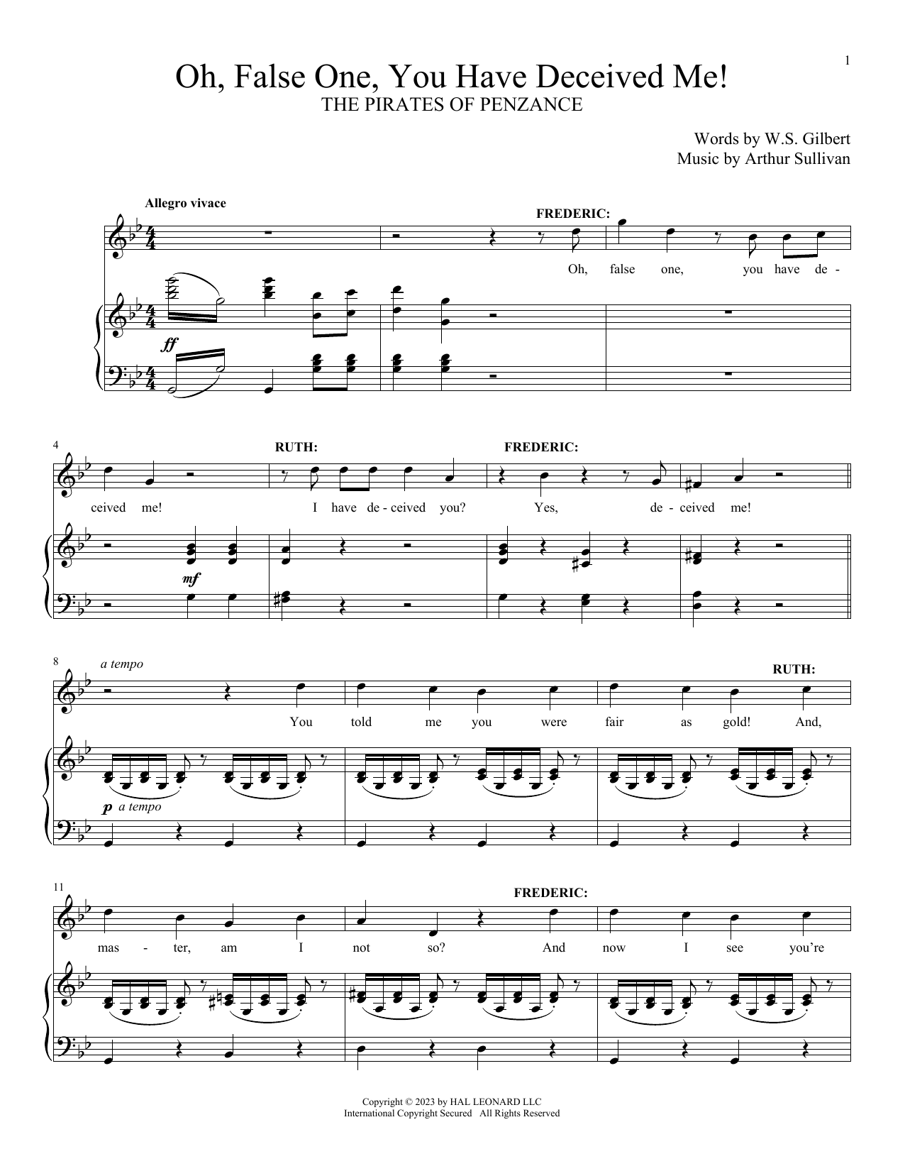 Gilbert & Sullivan Oh, False One, You Have Deceived Me (from The Pirates Of Penzance) sheet music, chords, lyrics - Printable PDF for Piano & Vocal