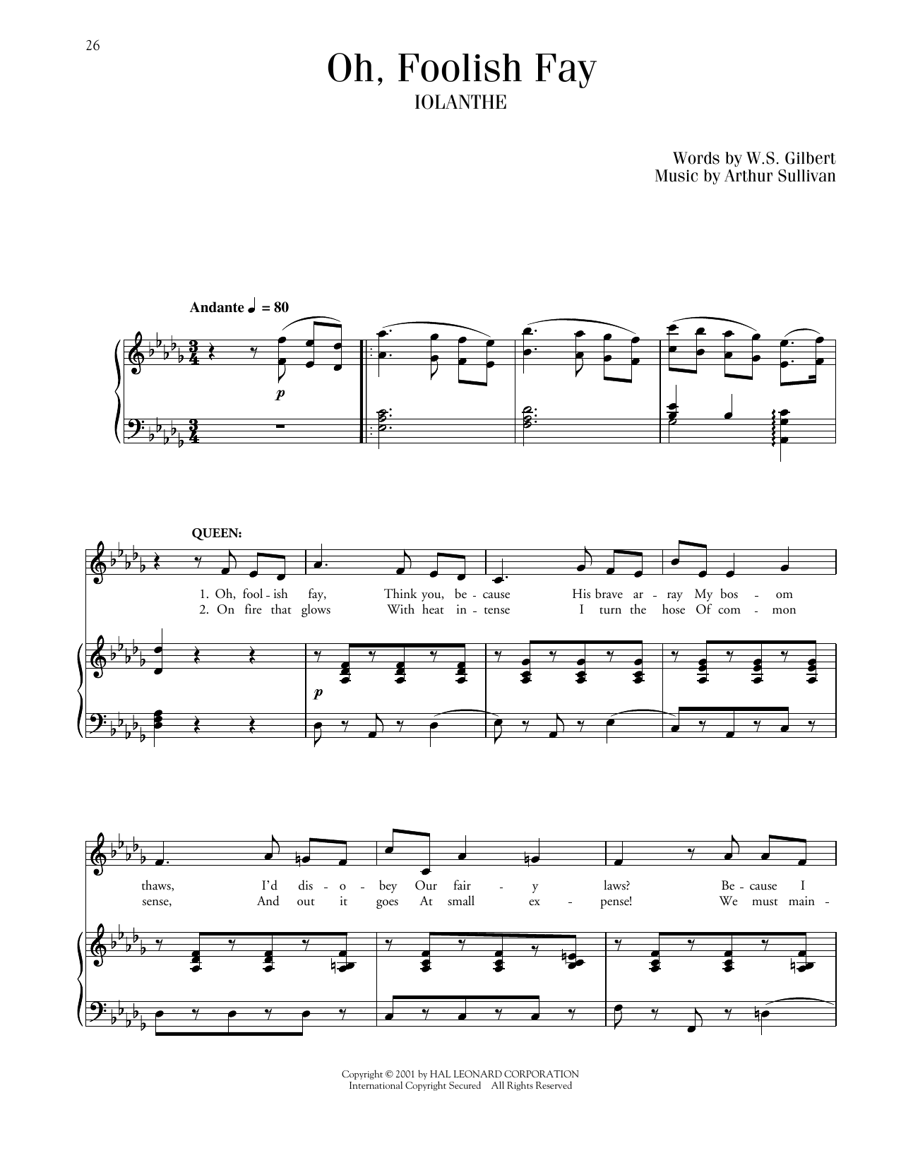 Gilbert & Sullivan Oh, Foolish Fay (from Iolanthe) sheet music, chords, lyrics - Printable PDF for Piano & Vocal
