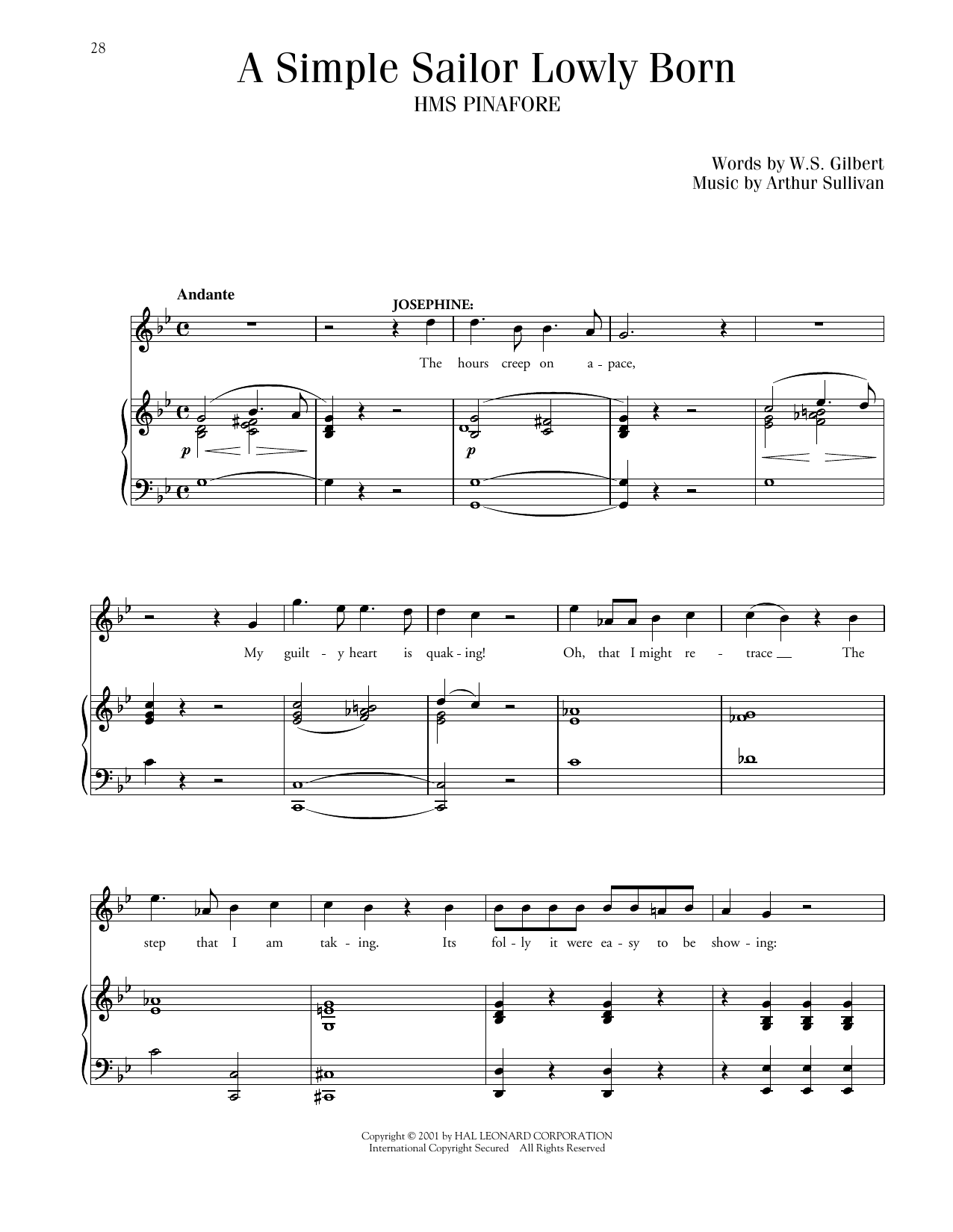 Gilbert & Sullivan Simple Sailor, Lowly Born (from HMS Pinafore) sheet music, chords, lyrics - Printable PDF for Piano & Vocal