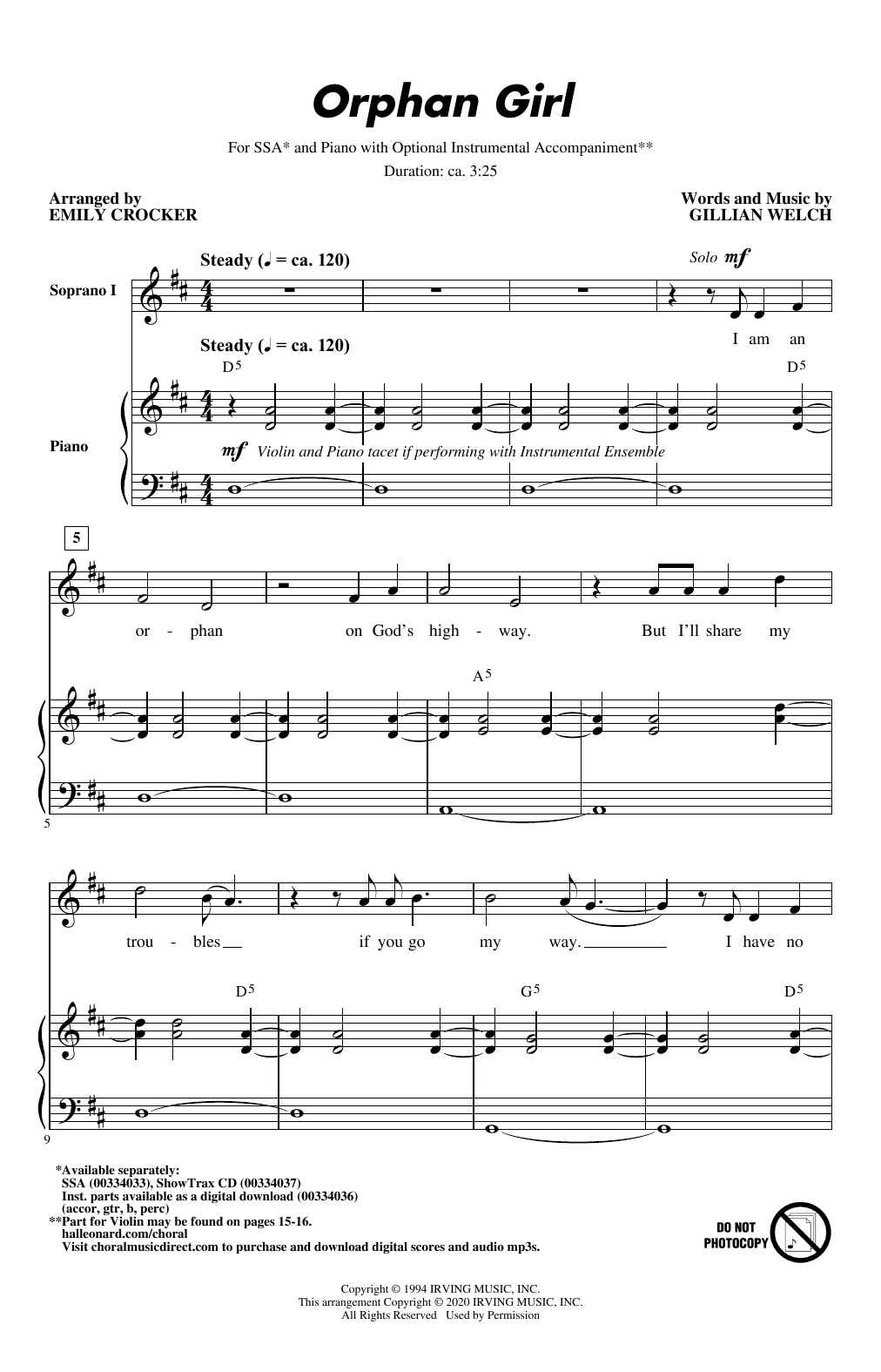 Gillian Welch Orphan Girl (arr. Emily Crocker) sheet music preview music notes and score for SSA Choir including 15 page(s)