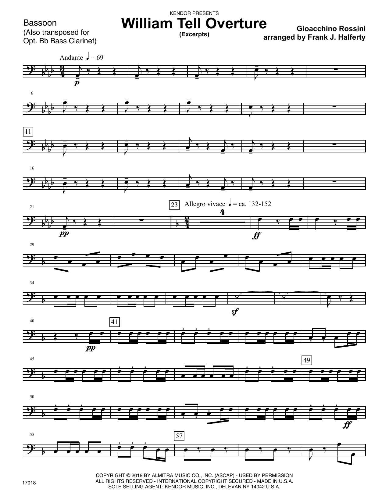 Learn to play Gioacchino Rossini William Tell Overture (excerpts) (arr. Frank J. Halferty) - Bassoon sheet music for Woodwind Ensemble in minutes. Gioacchino Rossini William Tell Overture (excerpts) (arr. Frank J. Halferty) - Bassoon sheet music preview music notes and score for Woodwind Ensemble including 4 page(s)
