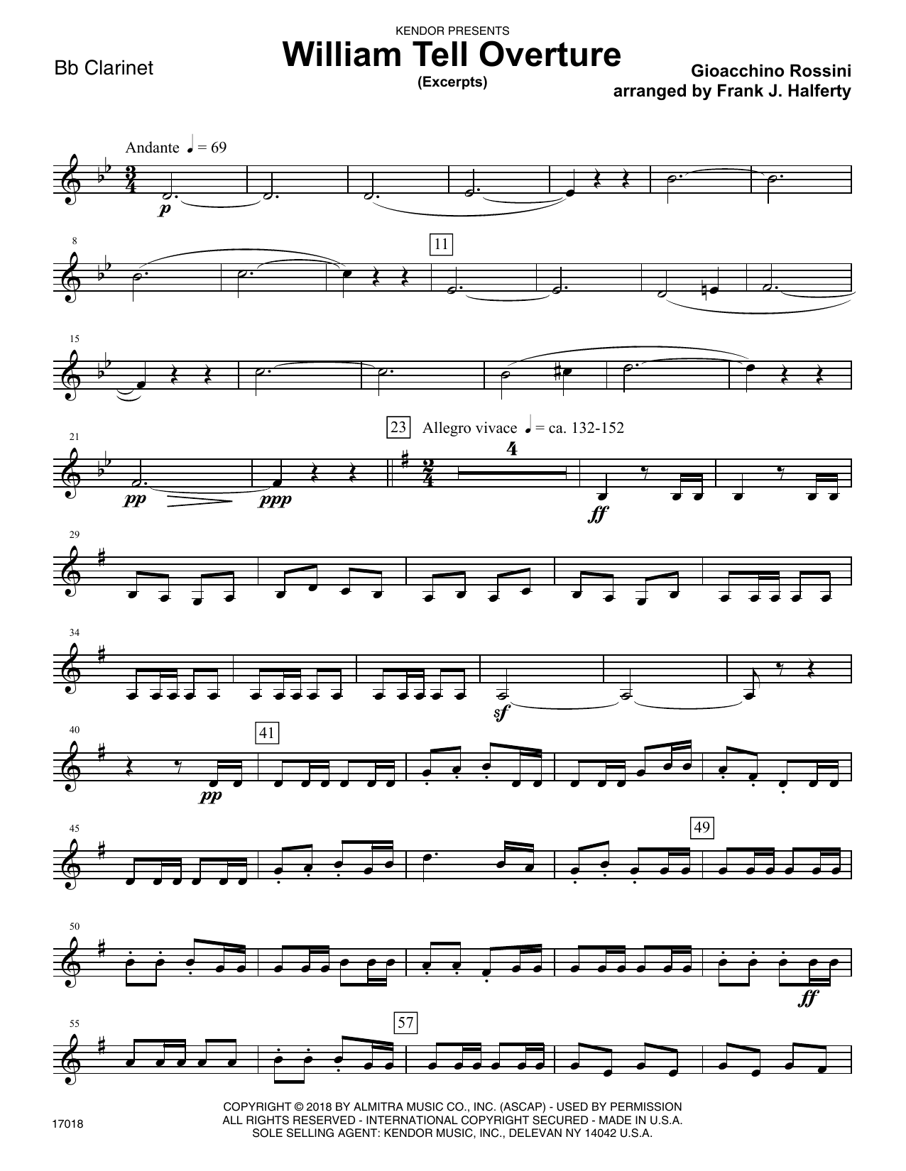 Learn to play Gioacchino Rossini William Tell Overture (excerpts) (arr. Frank J. Halferty) - Bb Clarinet sheet music for Woodwind Ensemble in minutes. Gioacchino Rossini William Tell Overture (excerpts) (arr. Frank J. Halferty) - Bb Clarinet sheet music preview music notes and score for Woodwind Ensemble including 4 page(s)