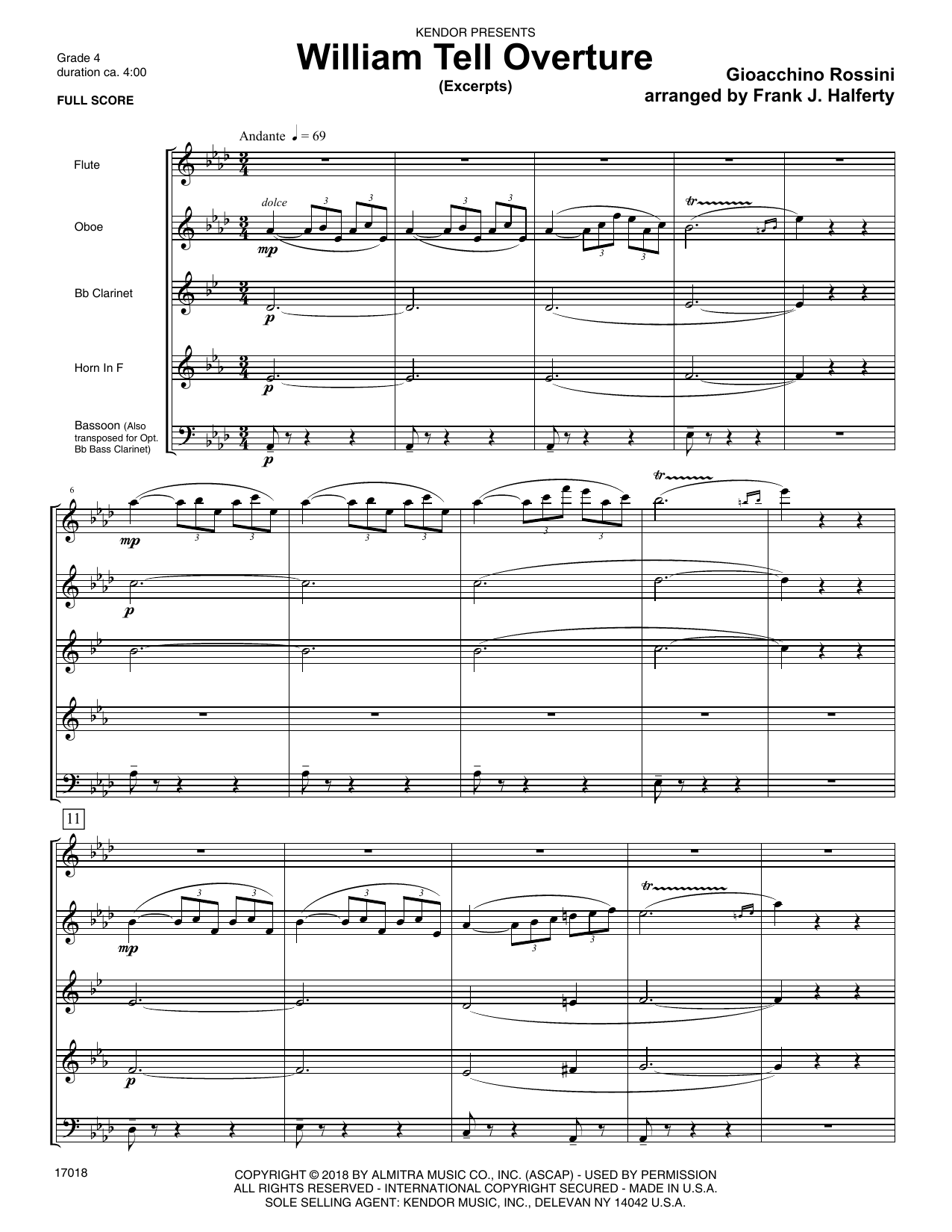 Learn to play Gioacchino Rossini William Tell Overture (excerpts) (arr. Frank J. Halferty) - Full Score sheet music for Woodwind Ensemble in minutes. Gioacchino Rossini William Tell Overture (excerpts) (arr. Frank J. Halferty) - Full Score sheet music preview music notes and score for Woodwind Ensemble including 15 page(s)