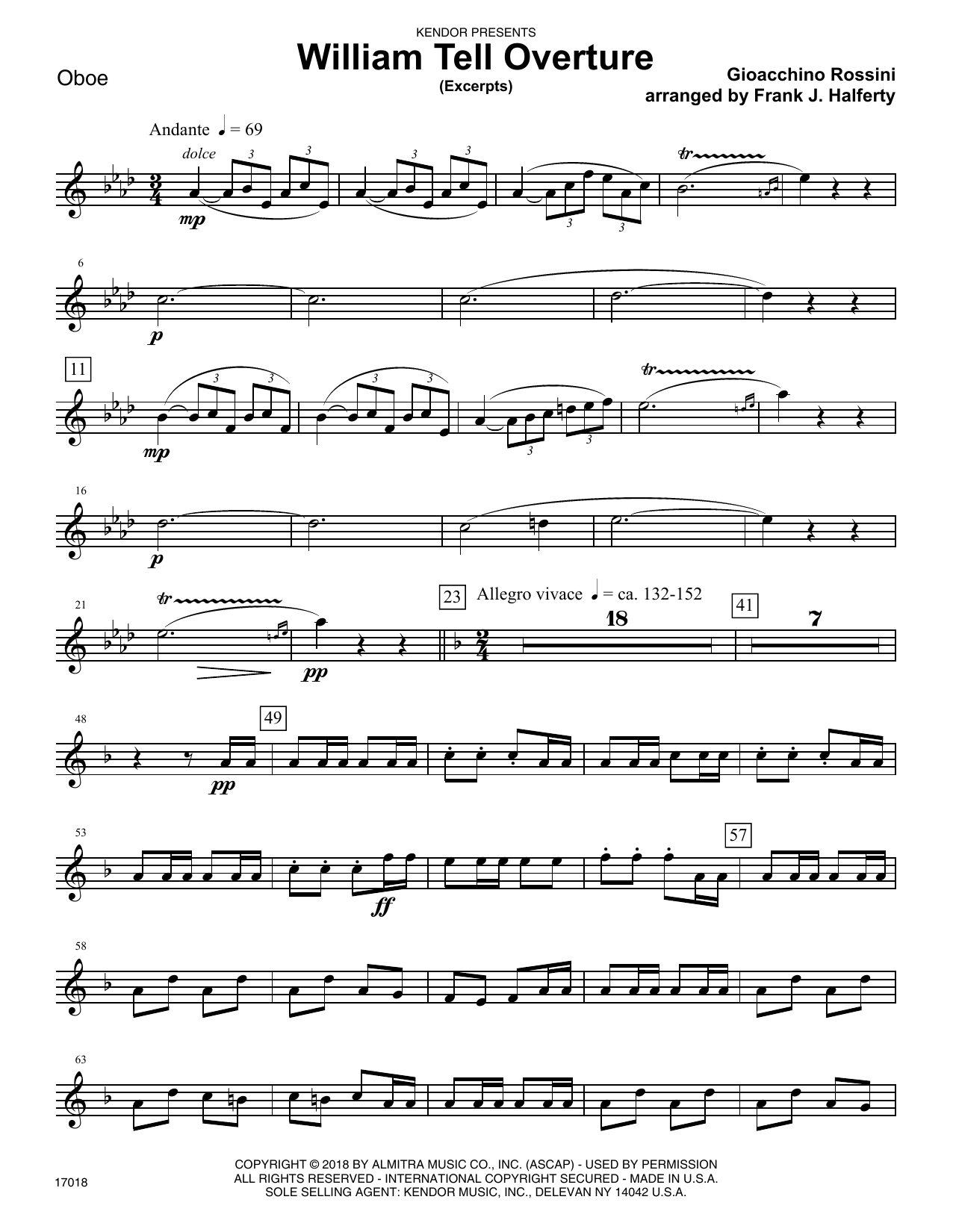 Learn to play Gioacchino Rossini William Tell Overture (excerpts) (arr. Frank J. Halferty) - Oboe sheet music for Woodwind Ensemble in minutes. Gioacchino Rossini William Tell Overture (excerpts) (arr. Frank J. Halferty) - Oboe sheet music preview music notes and score for Woodwind Ensemble including 4 page(s)