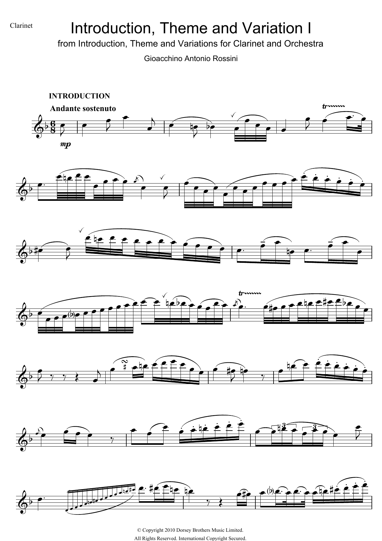 Gioachino Rossini Introduction, Theme And Variations For Clarinet and Orchestra sheet music, chords, lyrics - Printable PDF for Clarinet