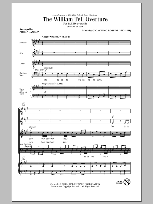 Learn to play Gioachino Rossini The William Tell Overture (arr. Philip Lawson) sheet music for SATB in minutes. Gioachino Rossini The William Tell Overture (arr. Philip Lawson) sheet music preview music notes and score for SATB including 19 page(s)