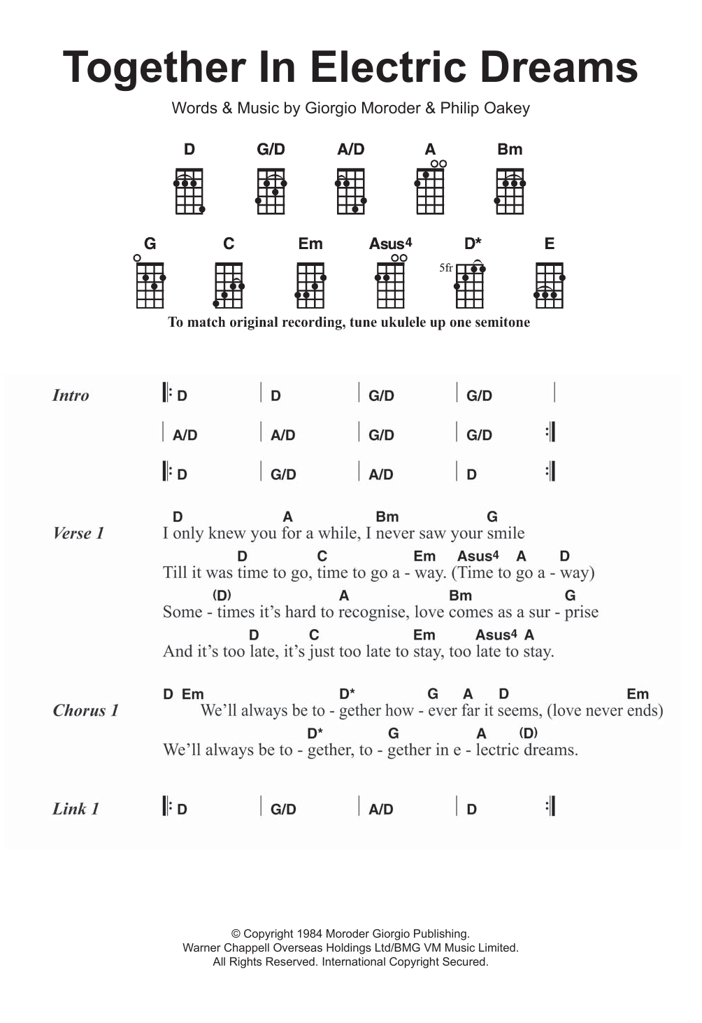Giorgio Moroder & Philip Oakey Together In Electric Dreams sheet music, chords, lyrics - Printable PDF for Ukulele