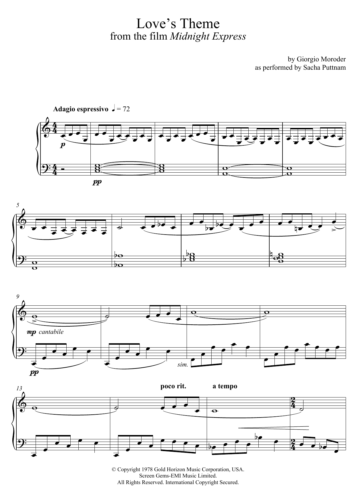 Learn to play Giorgio Moroder Love's Theme (from Midnight Express) (as performed by Sacha Puttnam) sheet music for Piano in minutes. Giorgio Moroder Love's Theme (from Midnight Express) (as performed by Sacha Puttnam) sheet music preview music notes and score for Piano including 4 page(s)