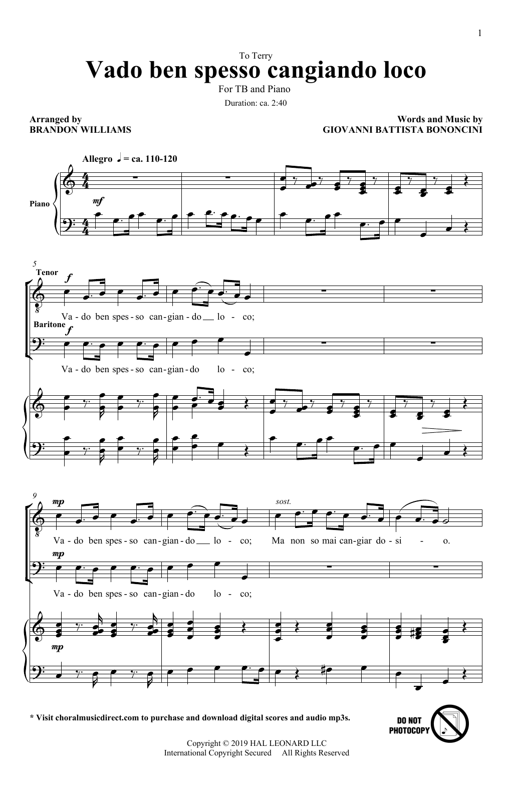 Giovanni Battista Bononcini Vado Ben Spesso Cangiando Loco (arr. Brandon Williams) sheet music, chords, lyrics - Printable PDF for TB Choir