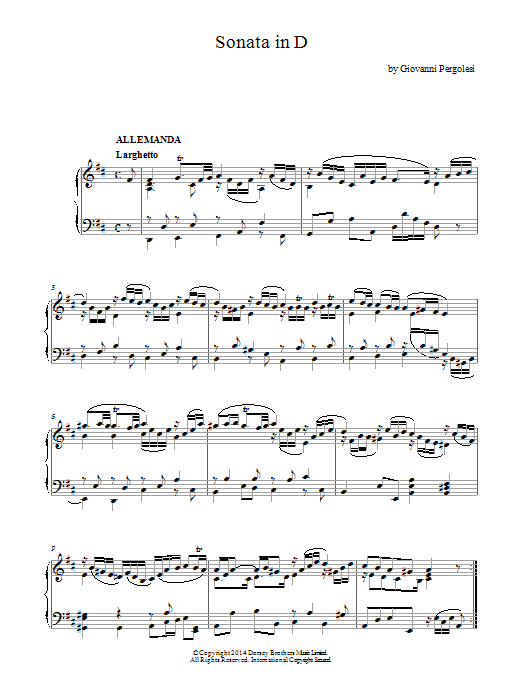 Giovanni Battista Pergolesi Harpsichord Sonata In D Major sheet music, chords, lyrics - Printable PDF for Piano