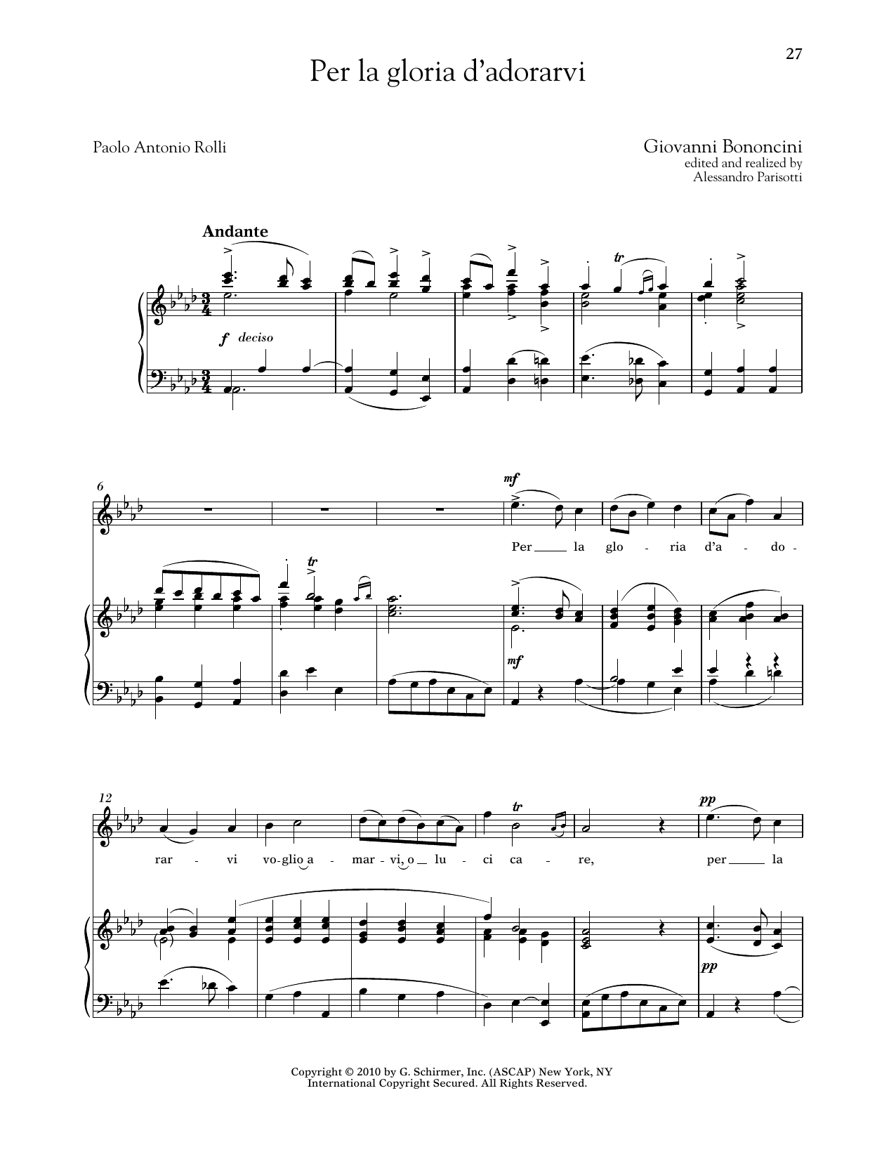 Giovanni Bononcini Per La Gloria D'adorarvi (High Voice) sheet music, chords, lyrics - Printable PDF for Piano & Vocal